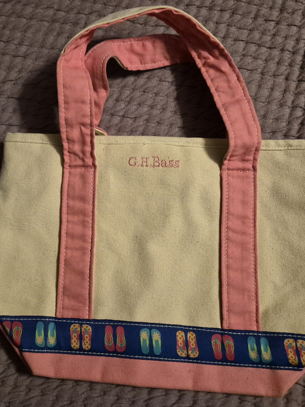 Vintage G.H Bass Canvas Boat Tote With Flip Flop Trim And Pink Straps